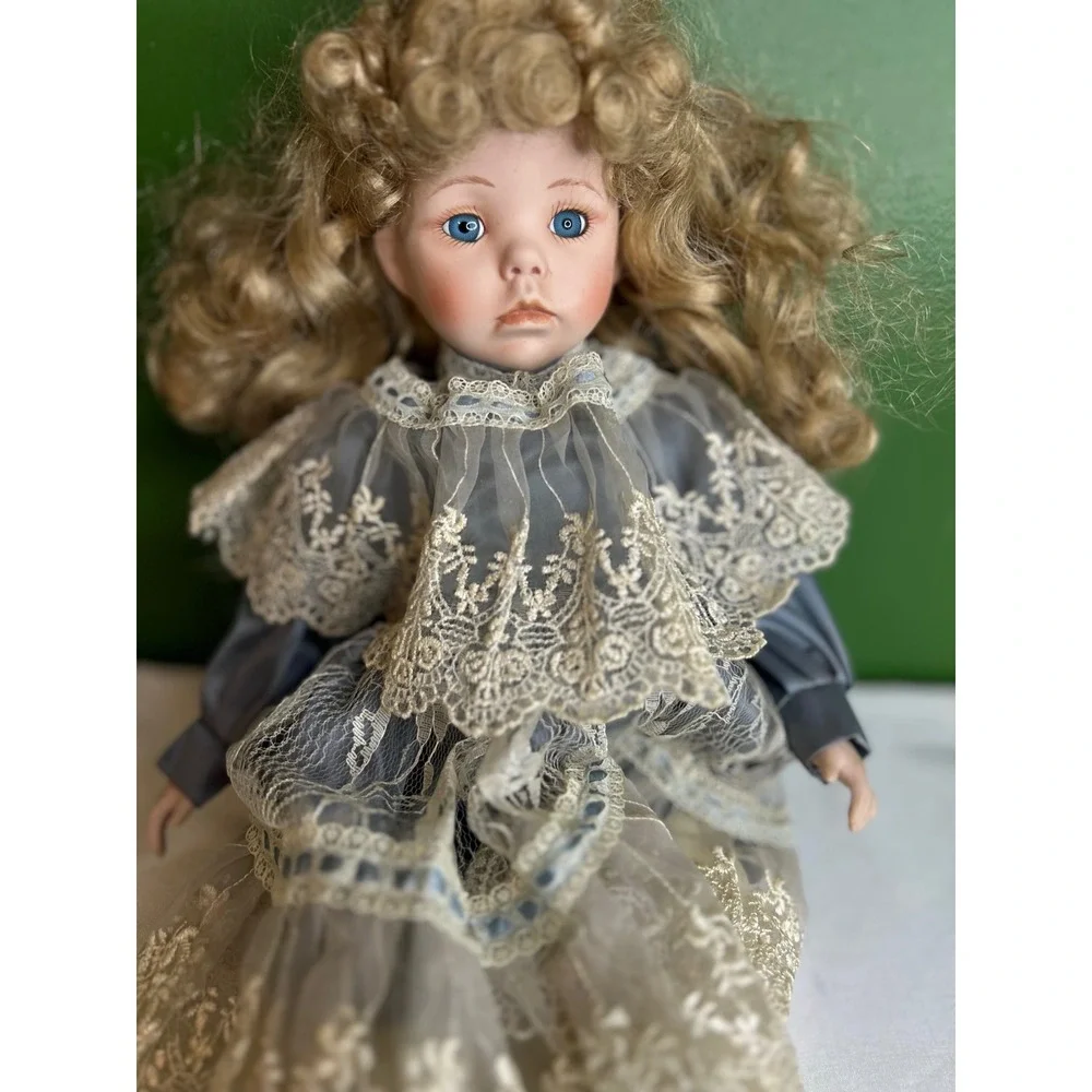 Vintage Porcelain Doll Blue Eyes Blonde Curls Victorian Lace Blue Cream Outfit
